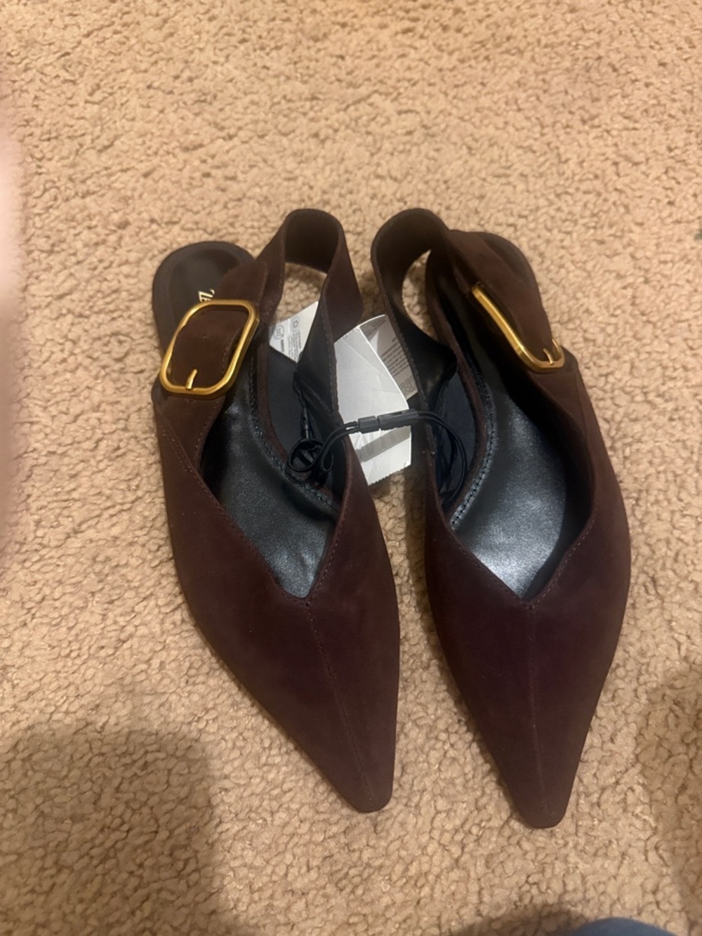 Zara Dark Brown Suede Pointed Slingback Flats with Gold Buckle